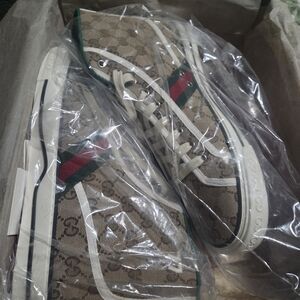 Gucci Beige Canvas Sneakers with Green and Red Stripe